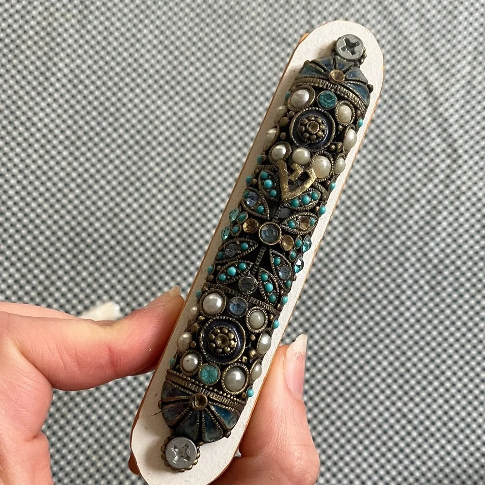 Mezuzah in Sky Blue Gold & Pearls - Picture 4 of 7
